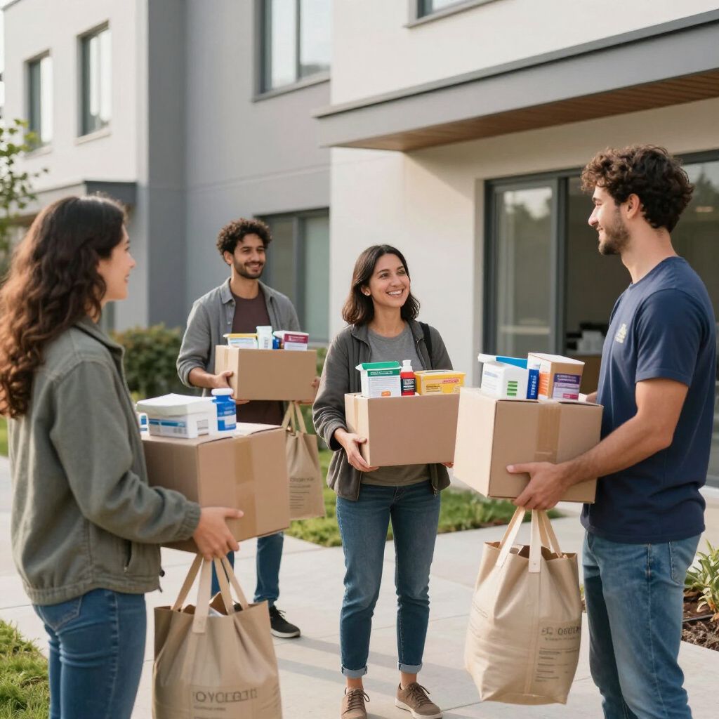 Four people carrying boxes and grocery bags outside a modern apartment building