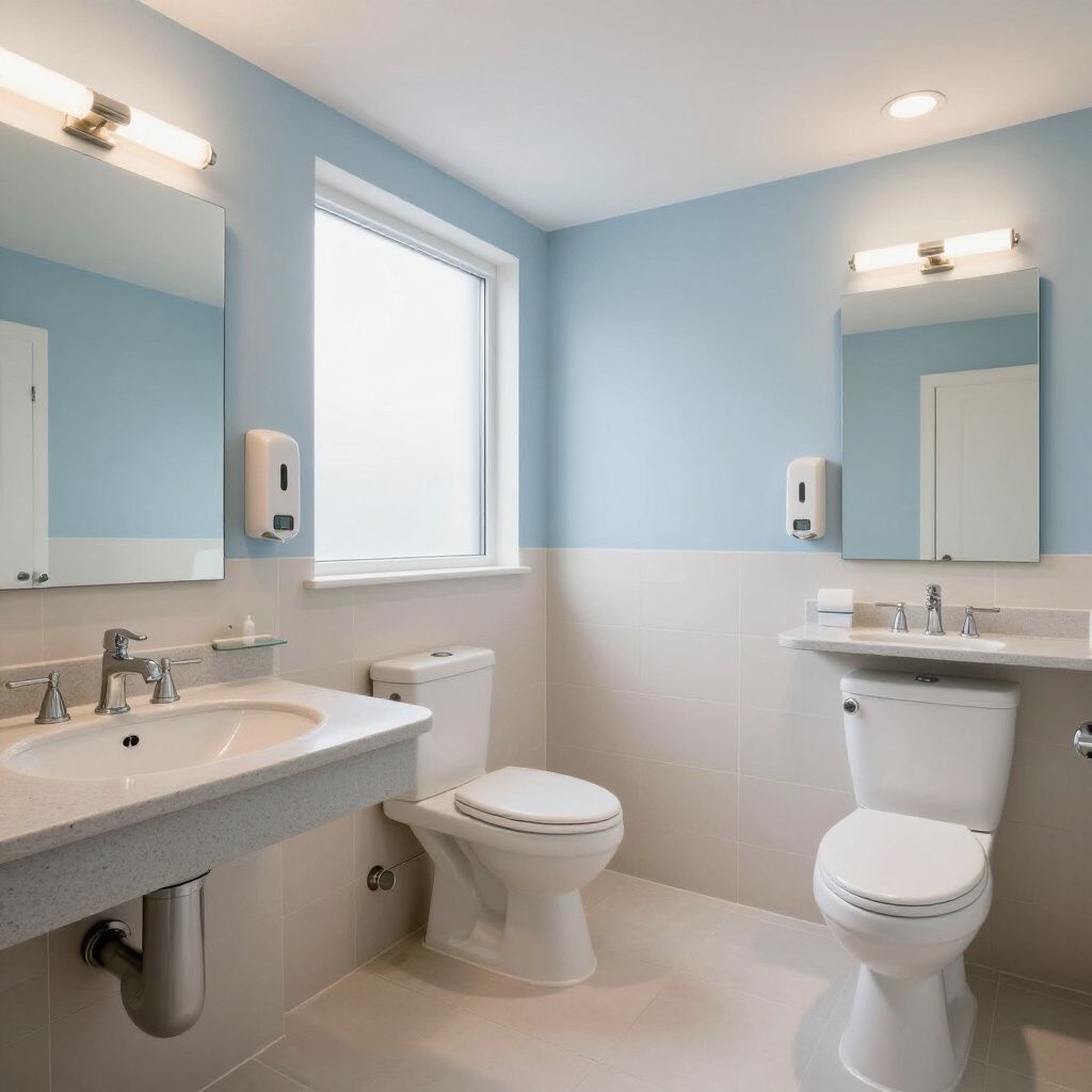 Accessible bathroom with two sinks, mirrors, toilet, and blue-and-white walls