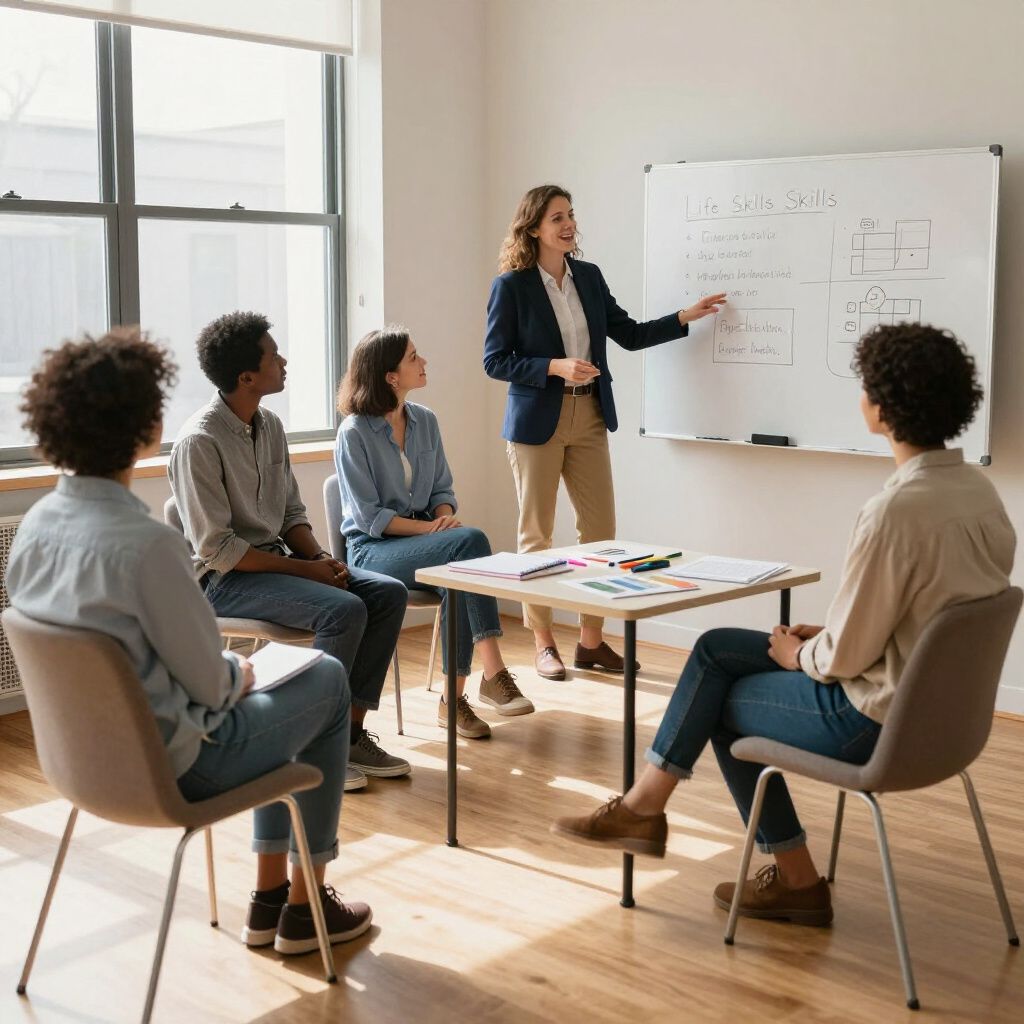 Meeting room with a presenter pointing at a whiteboard while four people sit listening
