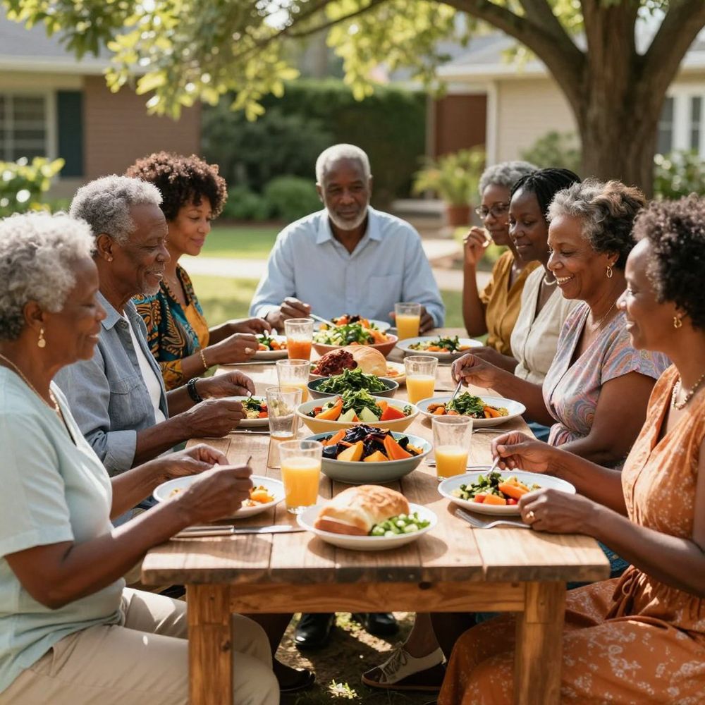 People gathered around an outdoor dining table in a garden, sharing a meal and drinks.