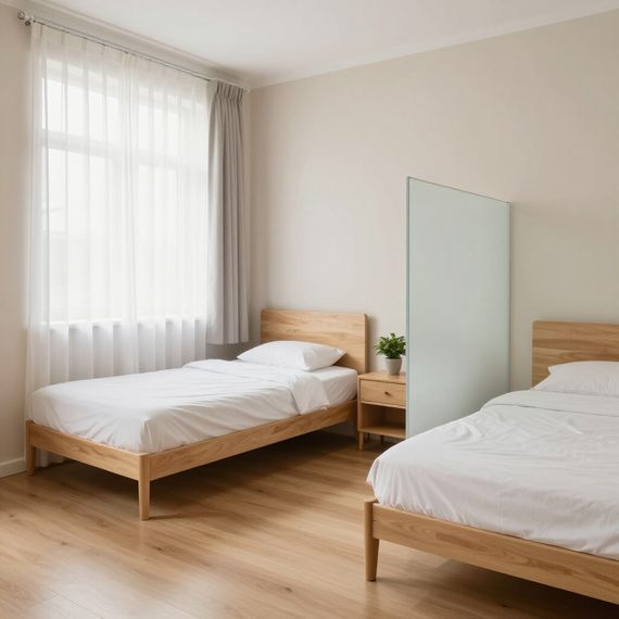 Bright minimalist bedroom with two wooden beds, white bedding, a mirror, and a window with sheer curtains