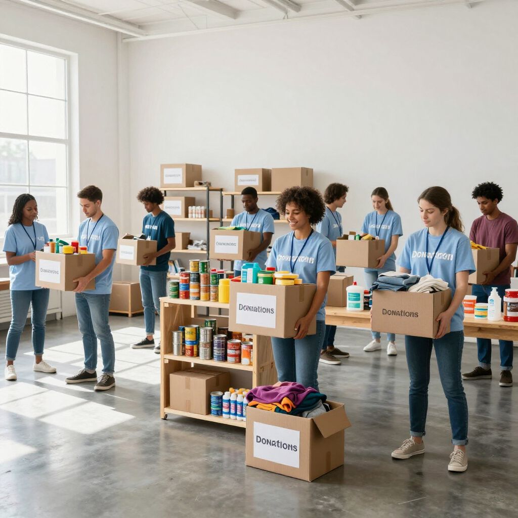 Volunteers in blue shirts boxing and sorting donated food in a bright warehouse