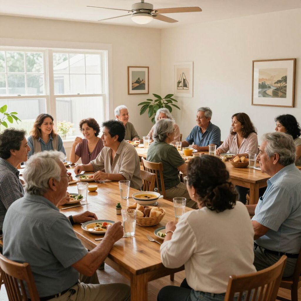 People gathered around a dining table in a bright room, sharing a meal and conversation.