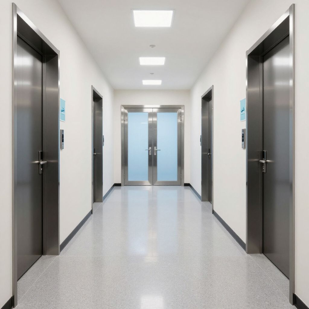 Bright modern hallway with two elevator doors and glass double doors at the end