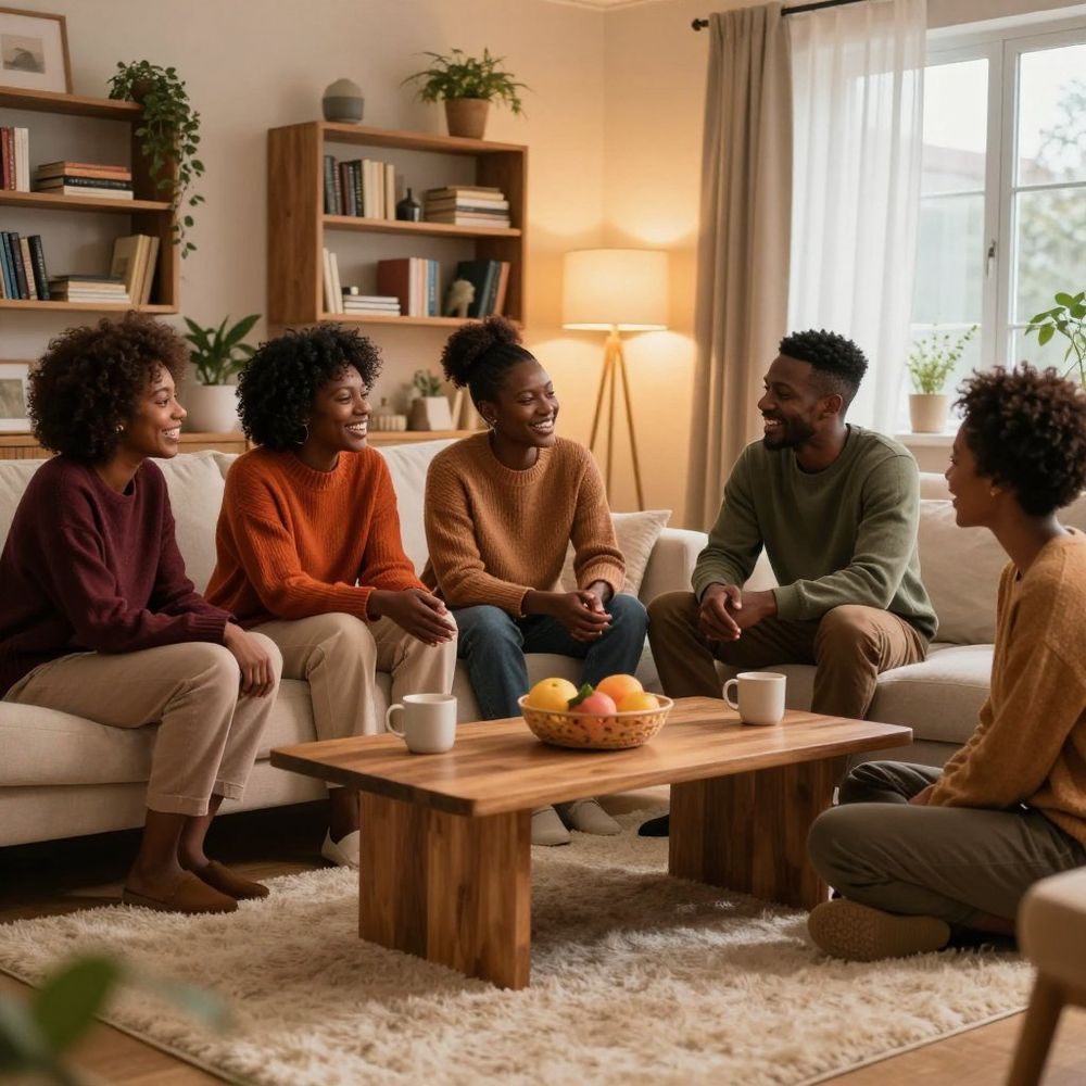 Five friends chatting in a cozy living room around a coffee table with fruit and mugs