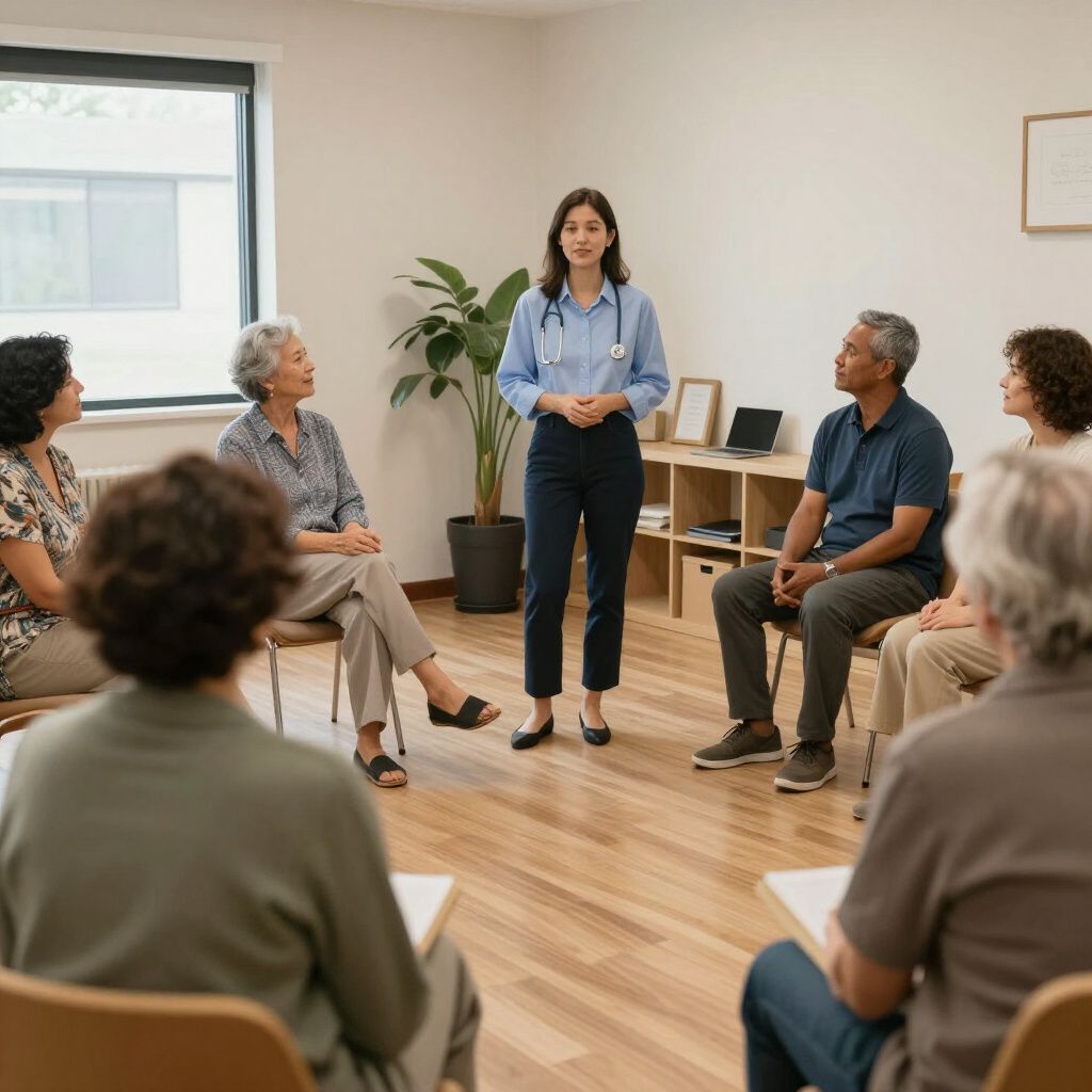 Small group in a bright room listening to a facilitator standing at the front