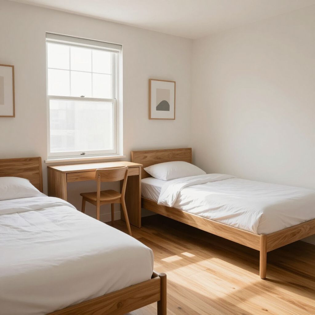 Bright bedroom with two wooden twin beds, a small desk by the window, and sunlight on the floor