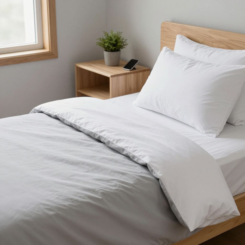 White bed with pillows in a bright bedroom beside a window and small bedside table with plant