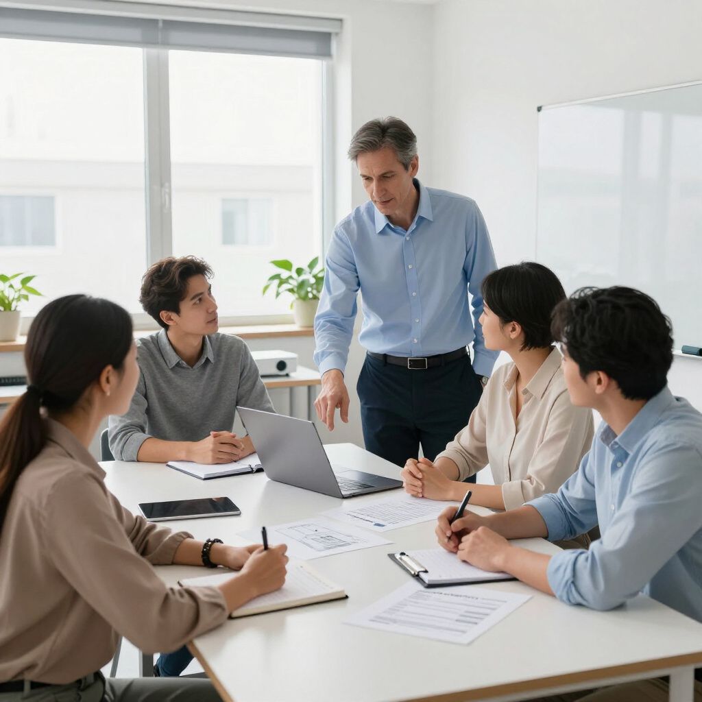 Team meeting in a bright office, with a presenter leaning over a laptop as colleagues take notes around a table