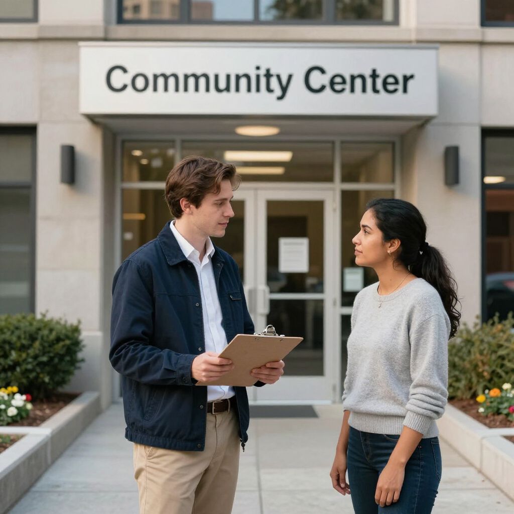 Two people talking outside a community center entrance, one holding a clipboard.