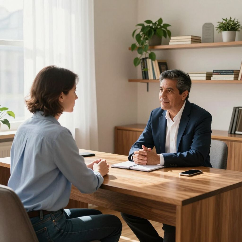 Two people talking across a wooden desk in a bright office, with shelves and plants in the background