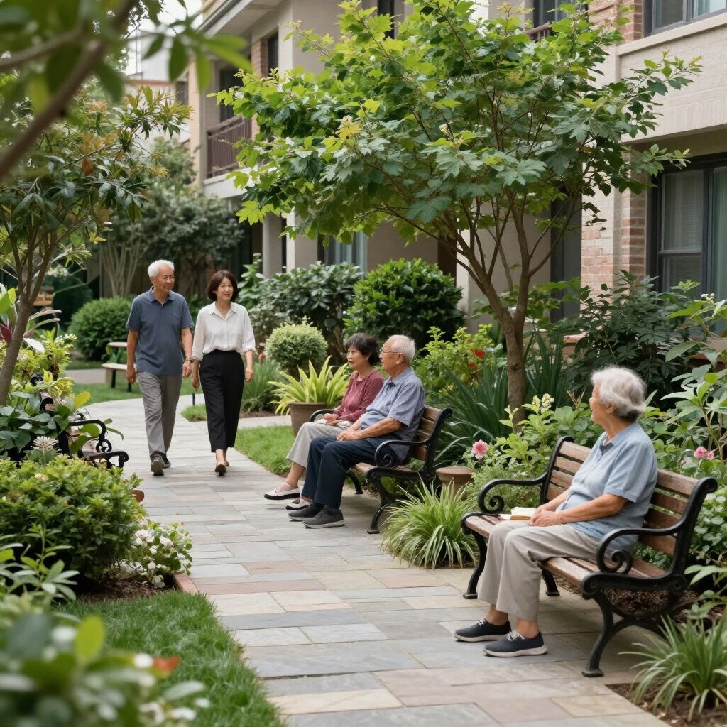 People sitting and walking in a lush apartment courtyard garden with benches and pathways