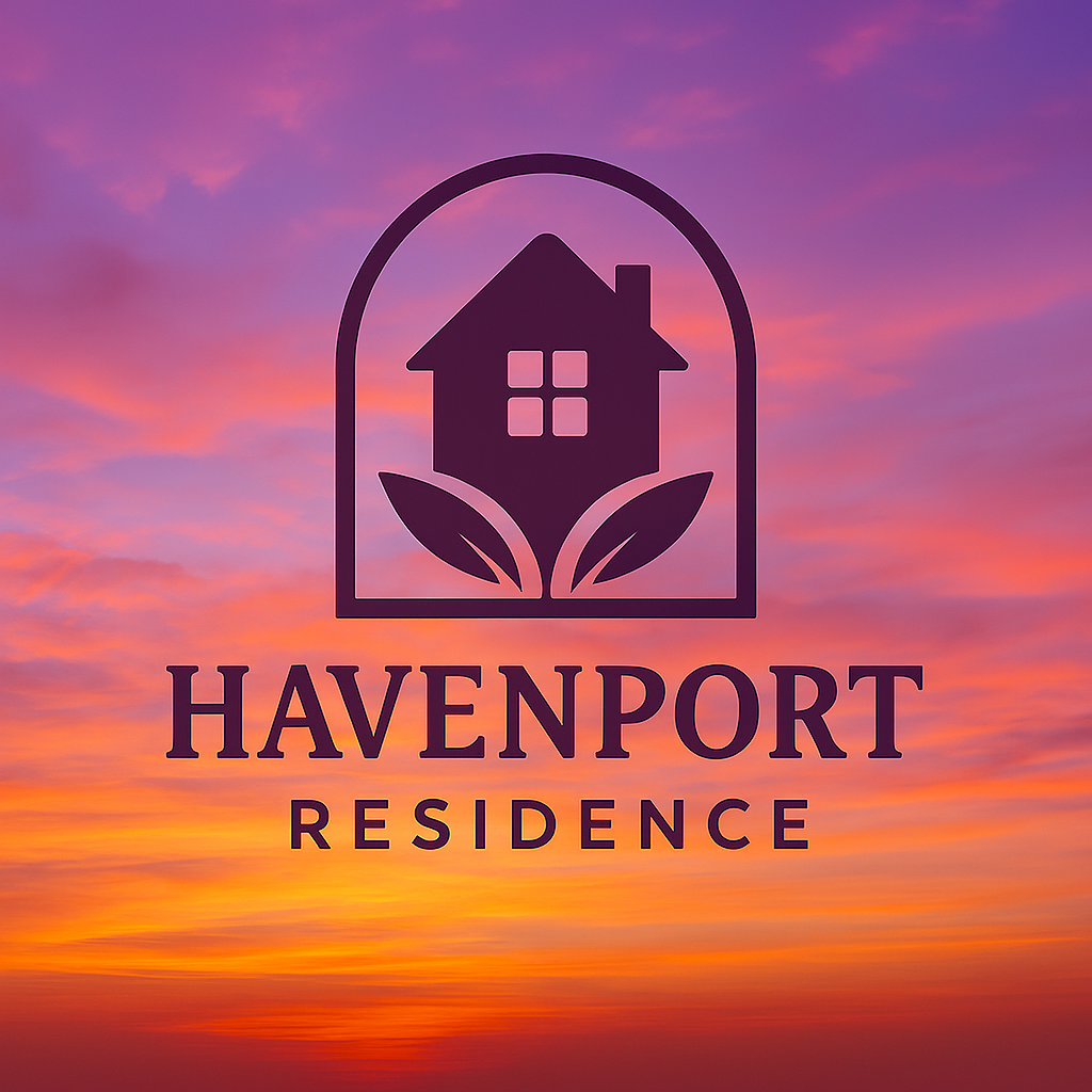 Havenport Residence logo over a pink-orange sunset sky with a house and leaves icon