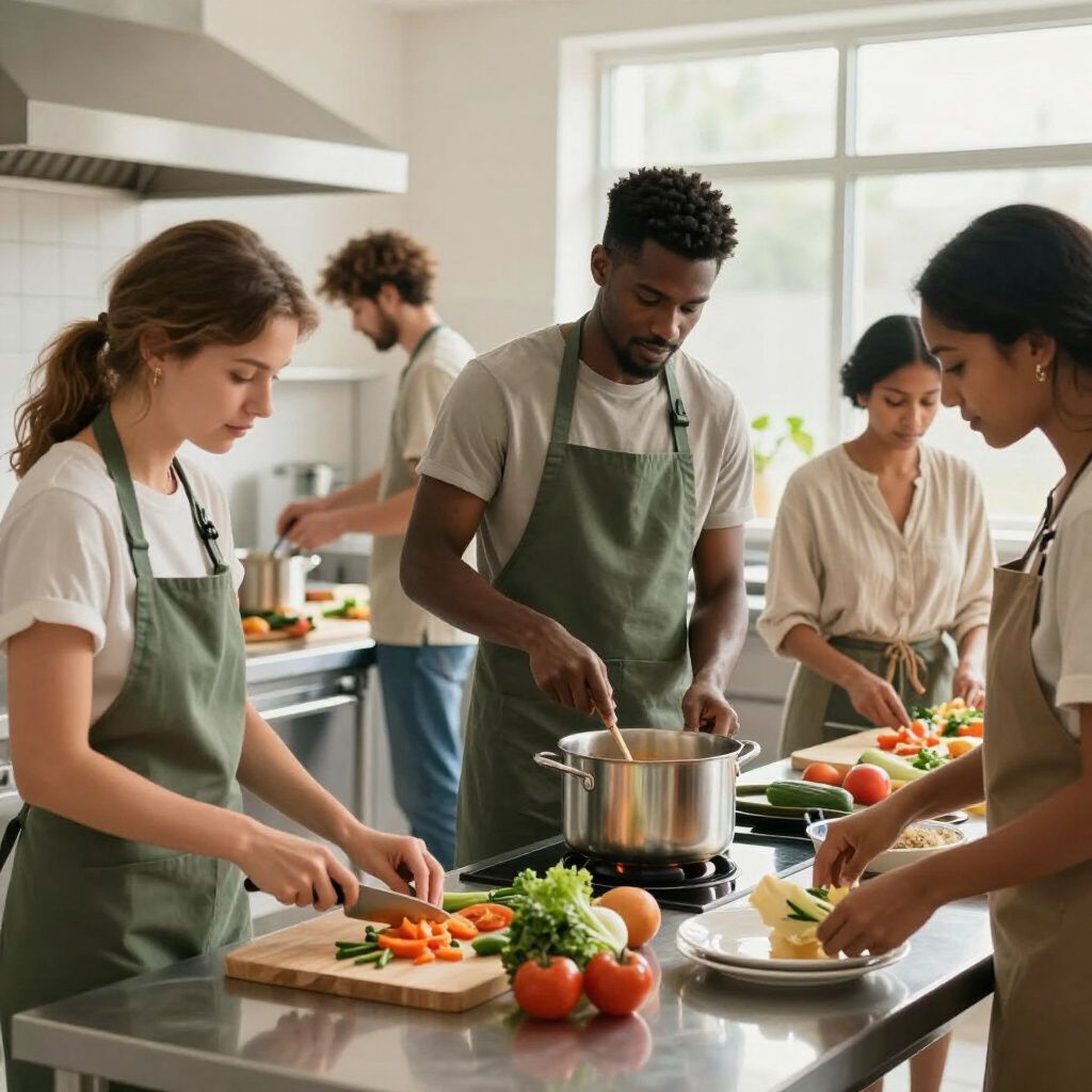 People preparing vegetables together in a bright kitchen, with a pot cooking on the stove.