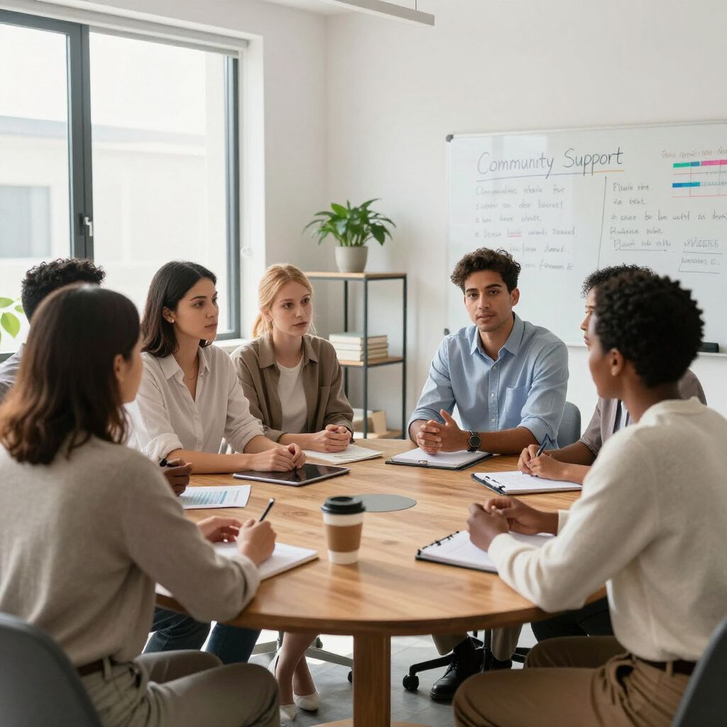 Team meeting in a bright office, six people seated around a table with papers and a whiteboard nearby