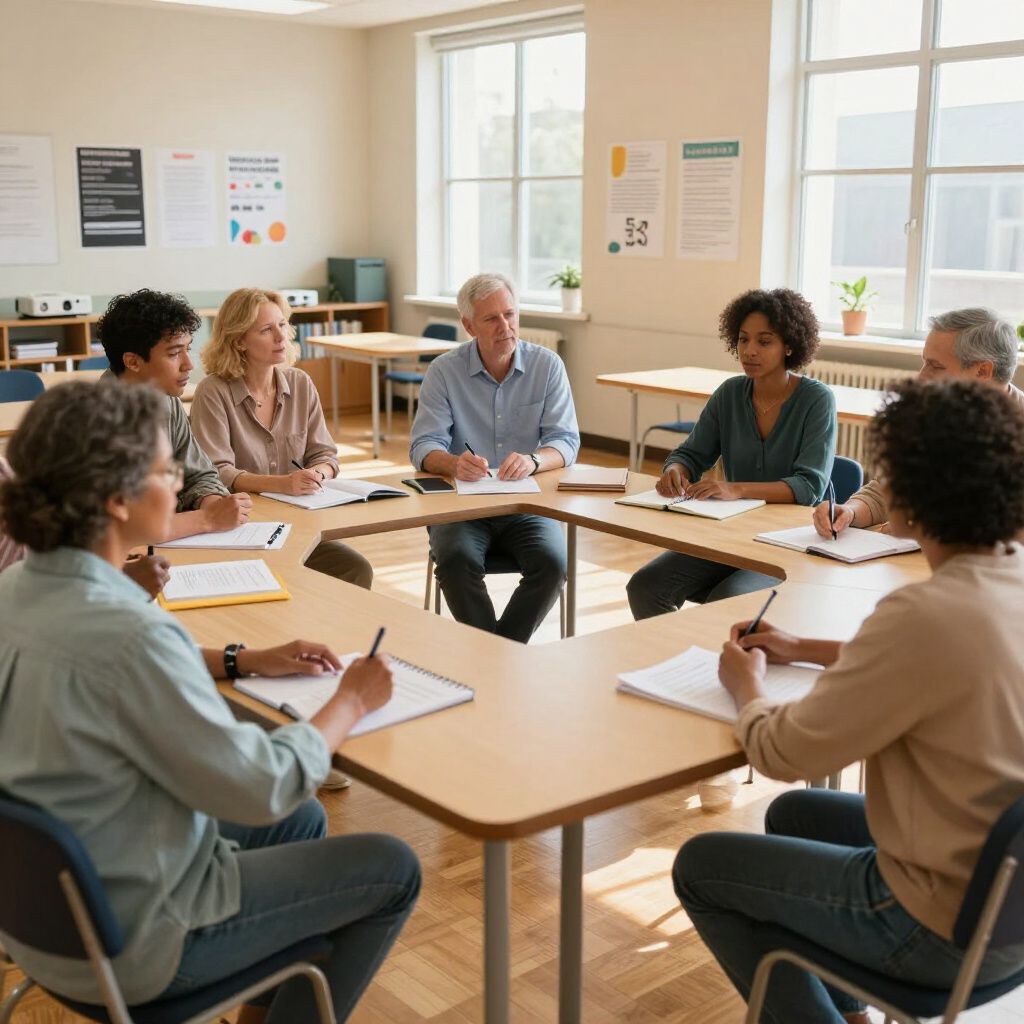 Small group meeting around a table in a bright conference room, with papers and notebooks spread out.