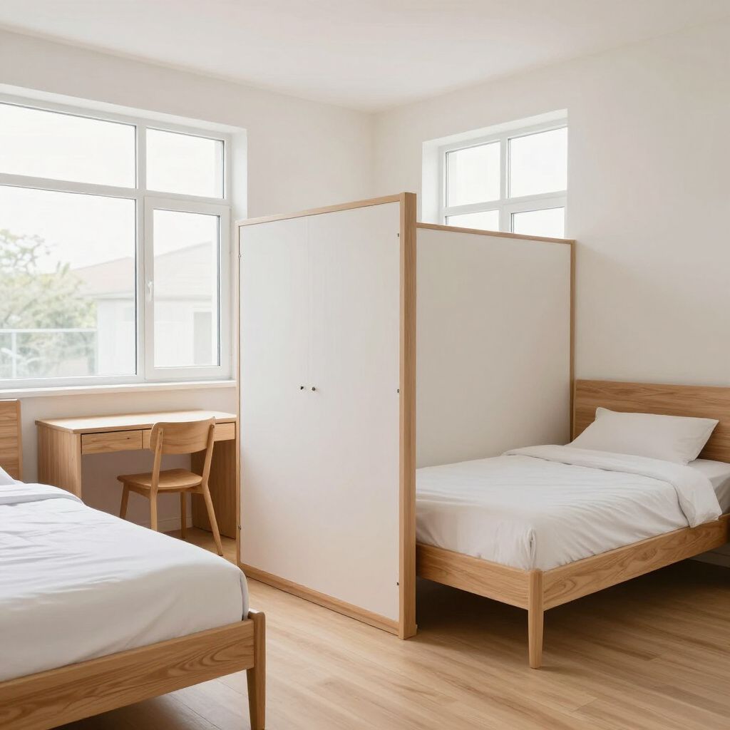 Bright bedroom with two single beds, a wooden desk and chair, and a white privacy divider by large windows