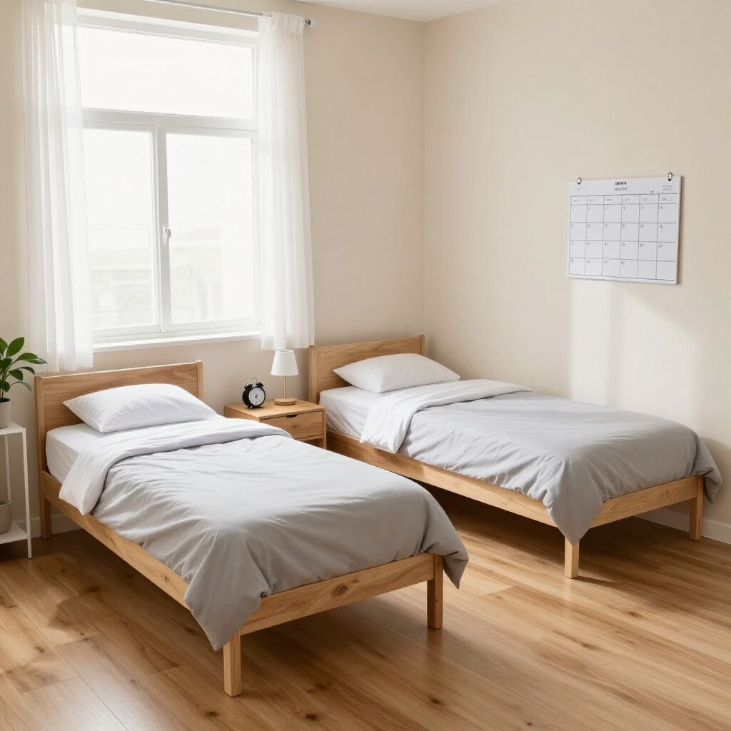 Bright bedroom with two twin beds, white bedding, and a large window with sheer curtains