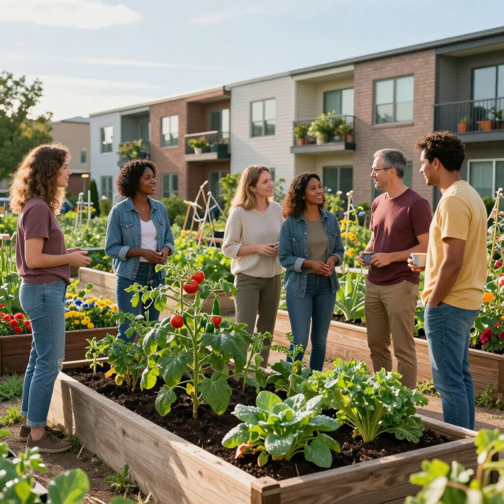 Neighbors talking beside a raised vegetable garden in a sunny apartment courtyard