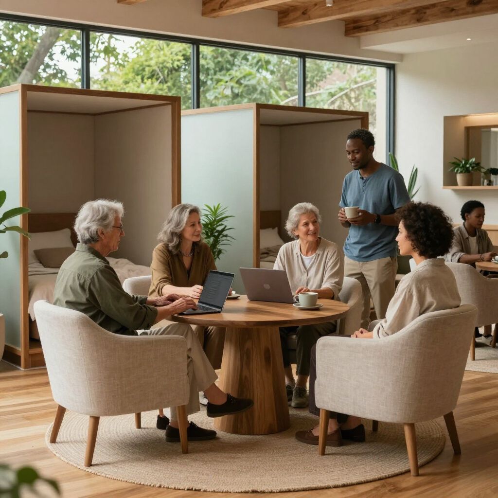 Small group meeting around a wooden table in a bright modern room, with a presenter standing nearby.