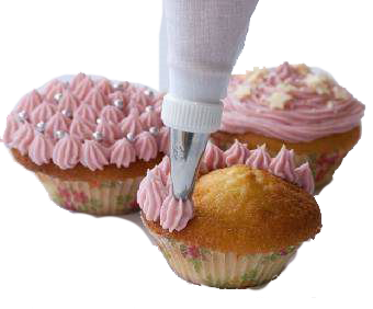 Three cupcakes are being decorated with pink frosting and sprinkles.