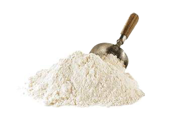 A pile of flour with a scoop in it on a white background.