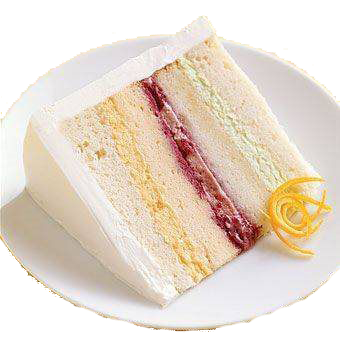 A slice of cake is on a white plate.
