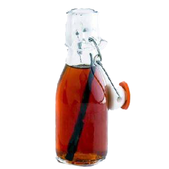 A bottle of syrup with a vanilla bean in it.