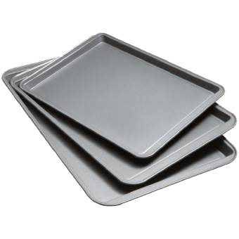 Three baking trays are stacked on top of each other on a white background.