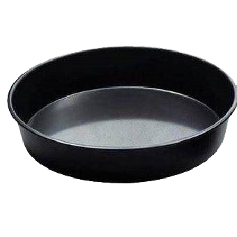 A black round pan on a white background.