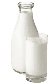 A bottle of milk and a glass of milk on a white background.