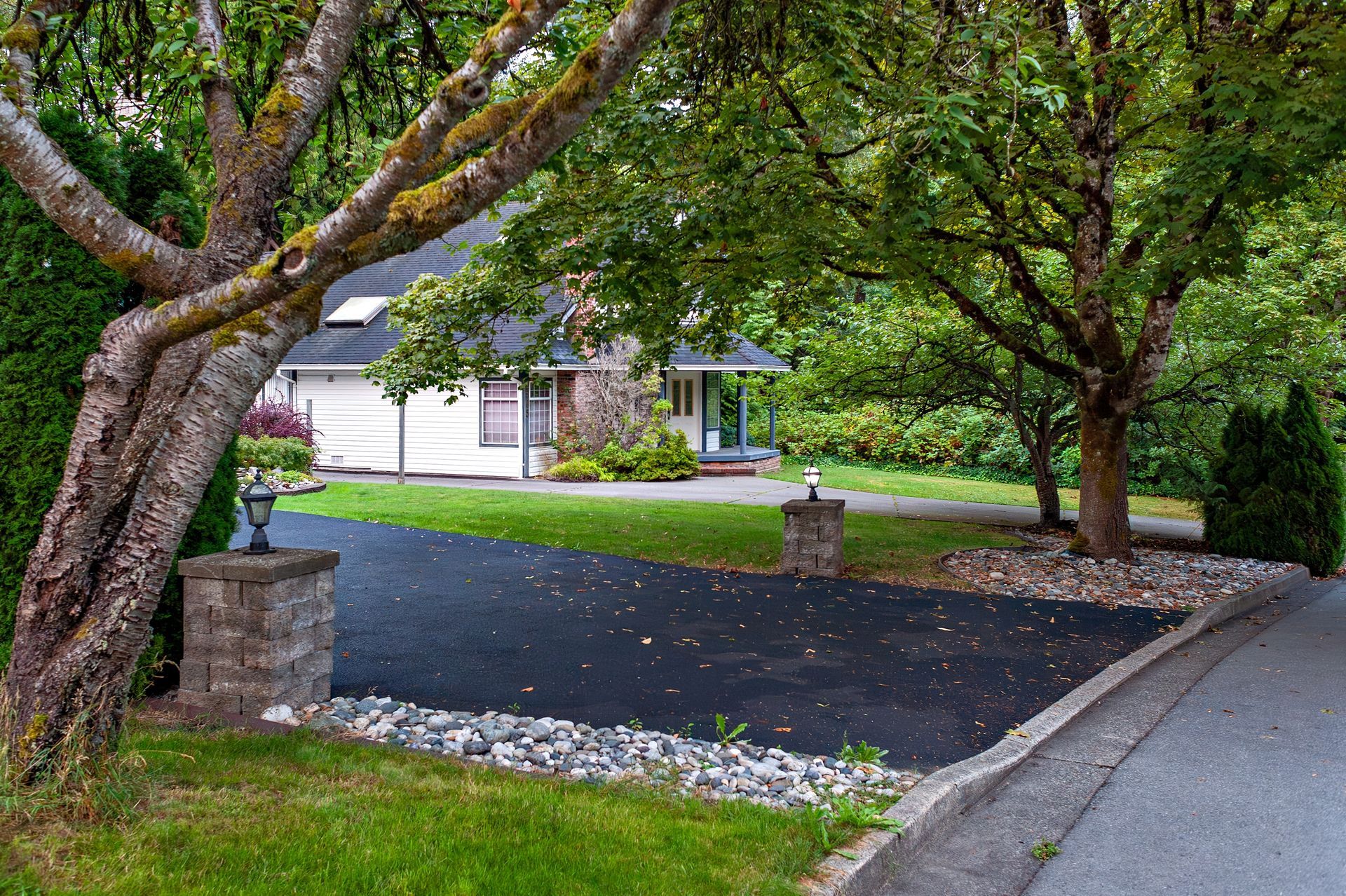 Tree-lined driveway with blacktop parking pad beside a suburban house and lawn