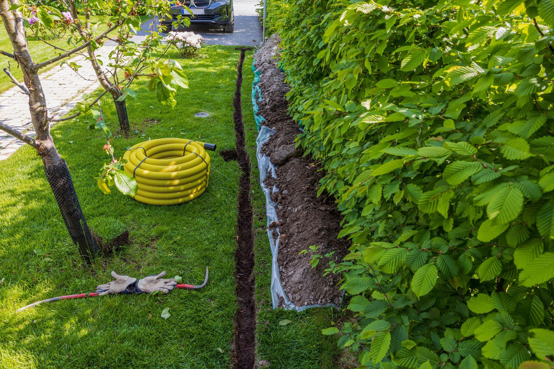 Garden path with a coiled yellow hose, shovel, and a narrow trench beside green shrubs and trees