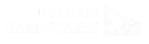 A black and white logo for durham hardscapes with a bulldozer on a black background.
