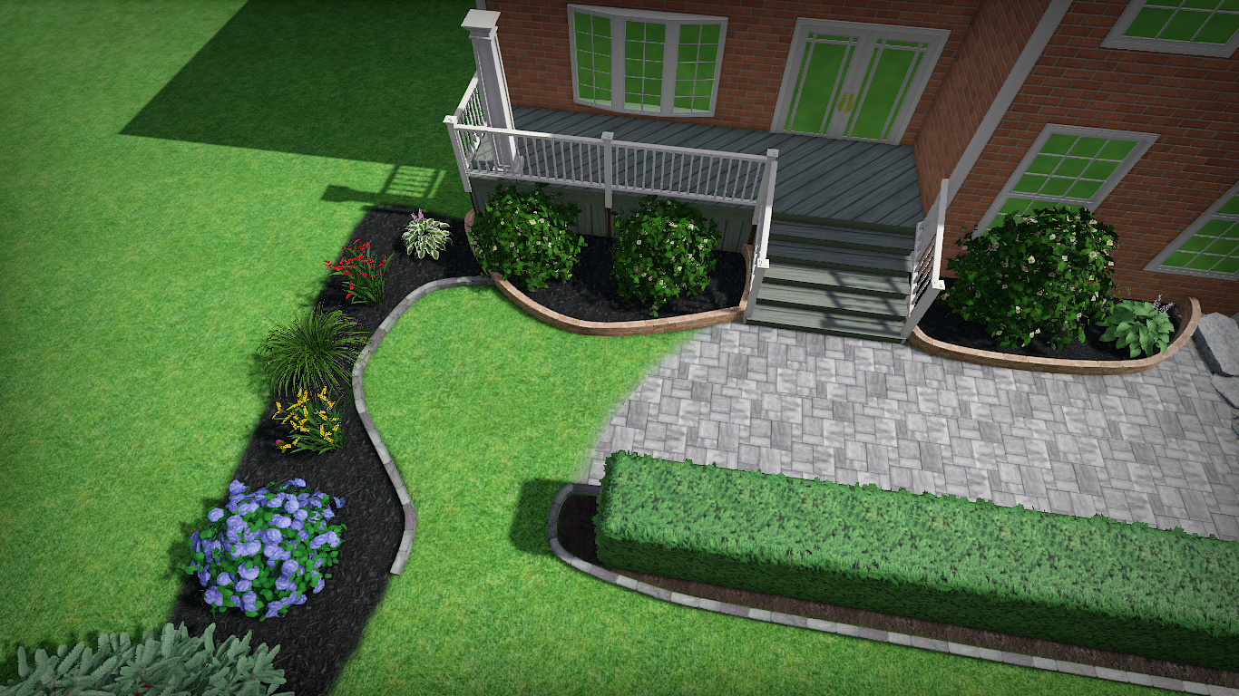An aerial view of a brick house with a walkway leading to it.