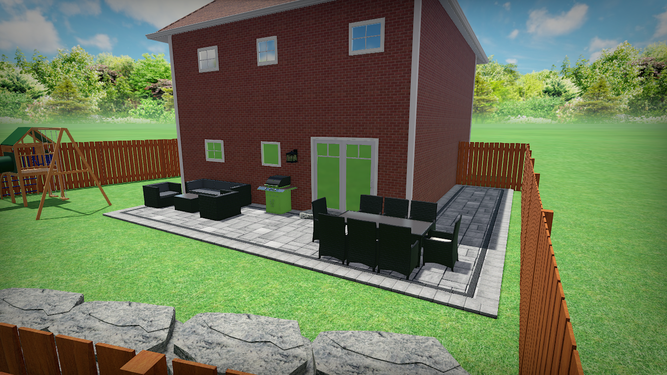 A computer generated image of a house with a patio in front of it.