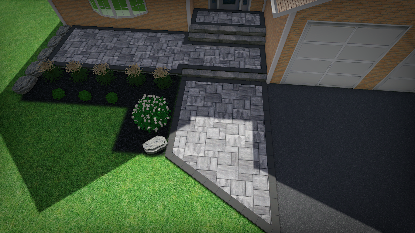 An aerial view of a house with a walkway and stairs.