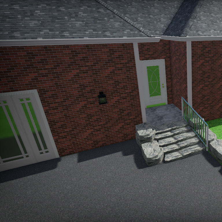 A brick house with a green door and steps leading to it.