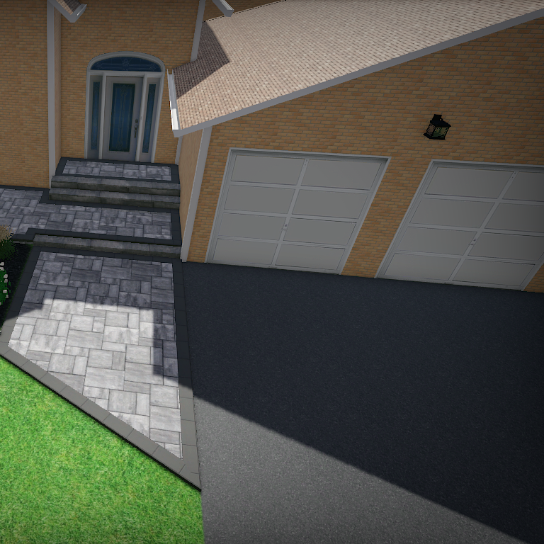 A computer generated image of a house with a driveway leading to it.