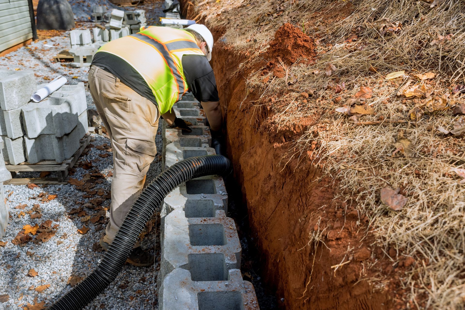 A man is working on a concrete wall in a trench.