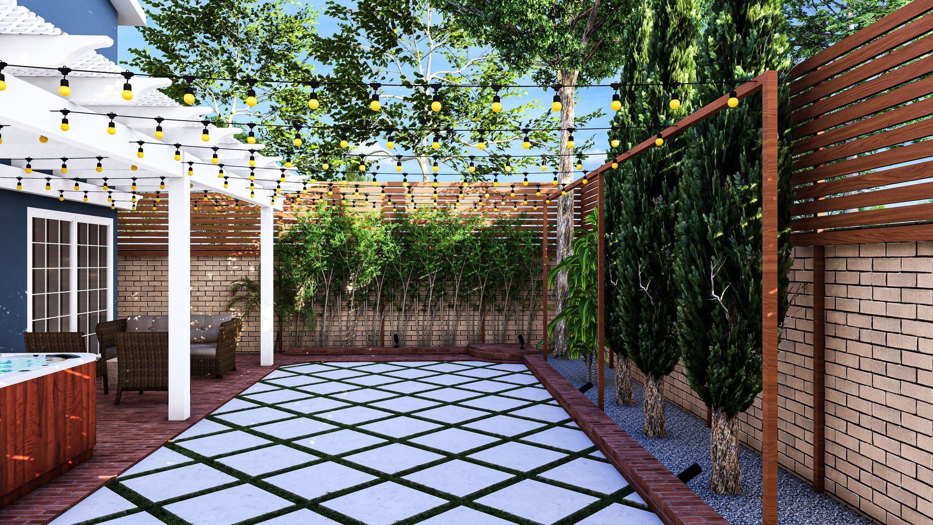 Backyard patio with a jacuzzi, string lights, and a decorative brick wall.