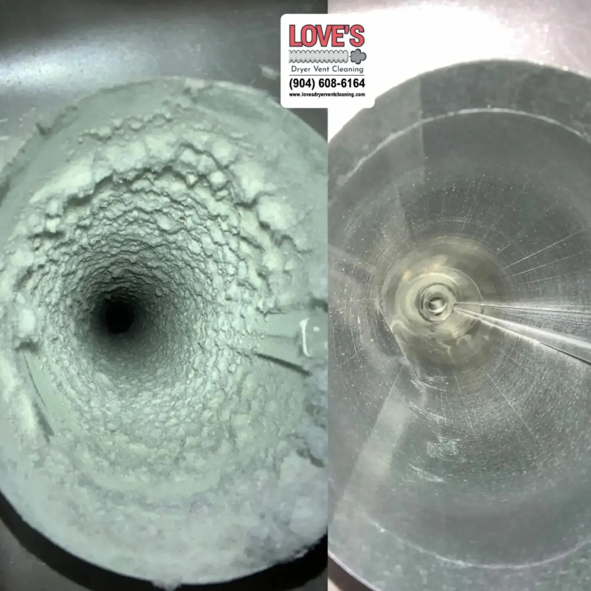 Love's Dryer Vent Cleaning - A before and after picture of a duct with a sticker that says love 's