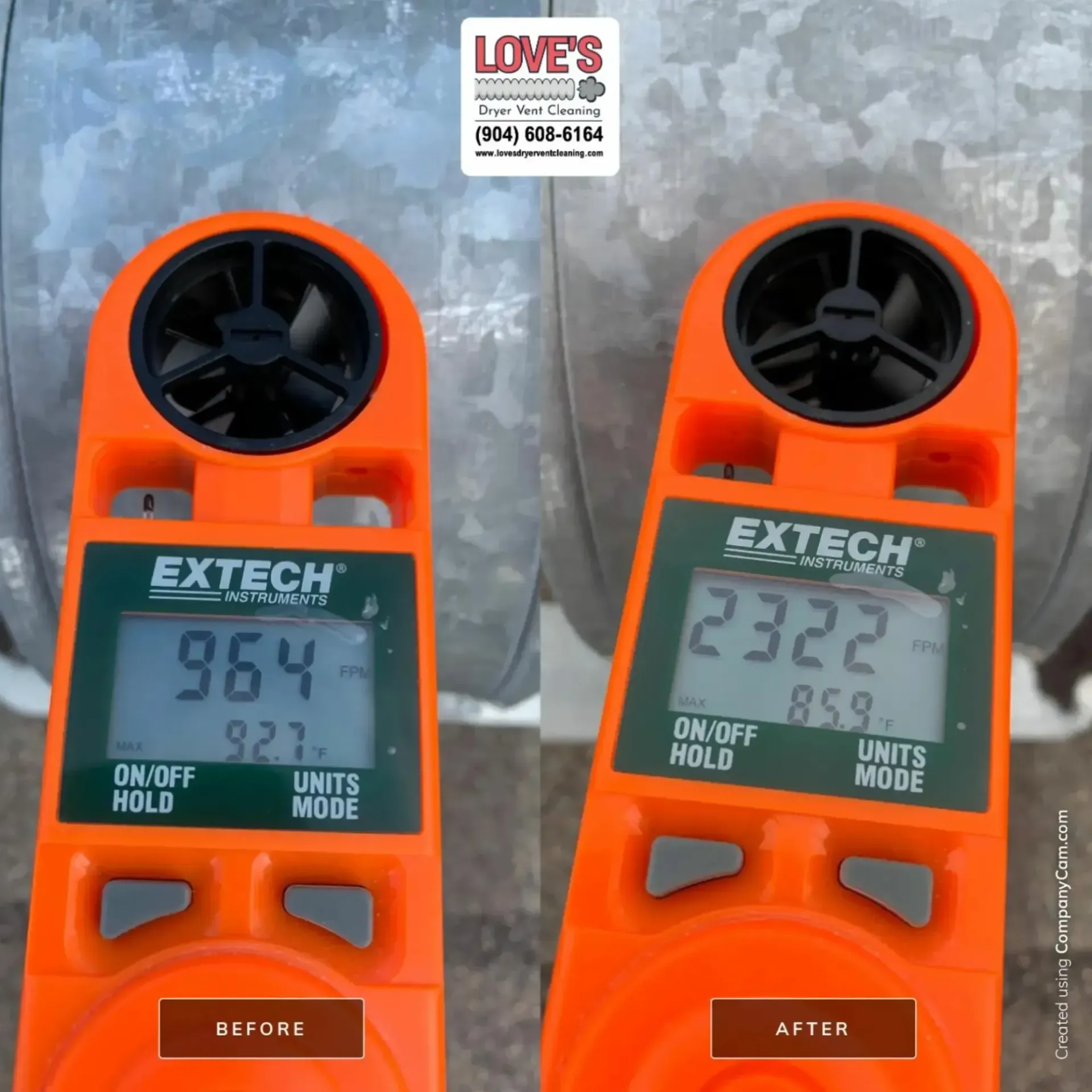 Love's Dryer Vent Cleaning -A before and after photo of an extech wind meter