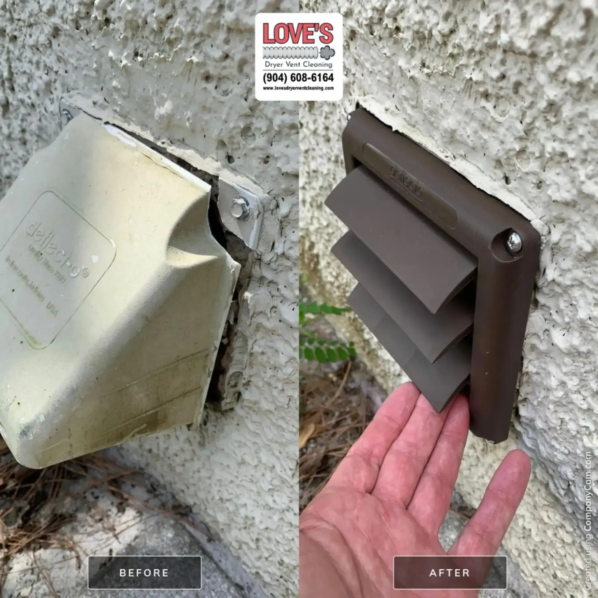 Love's Dryer Vent Cleaning - A before and after photo of a electrical outlet on a wall