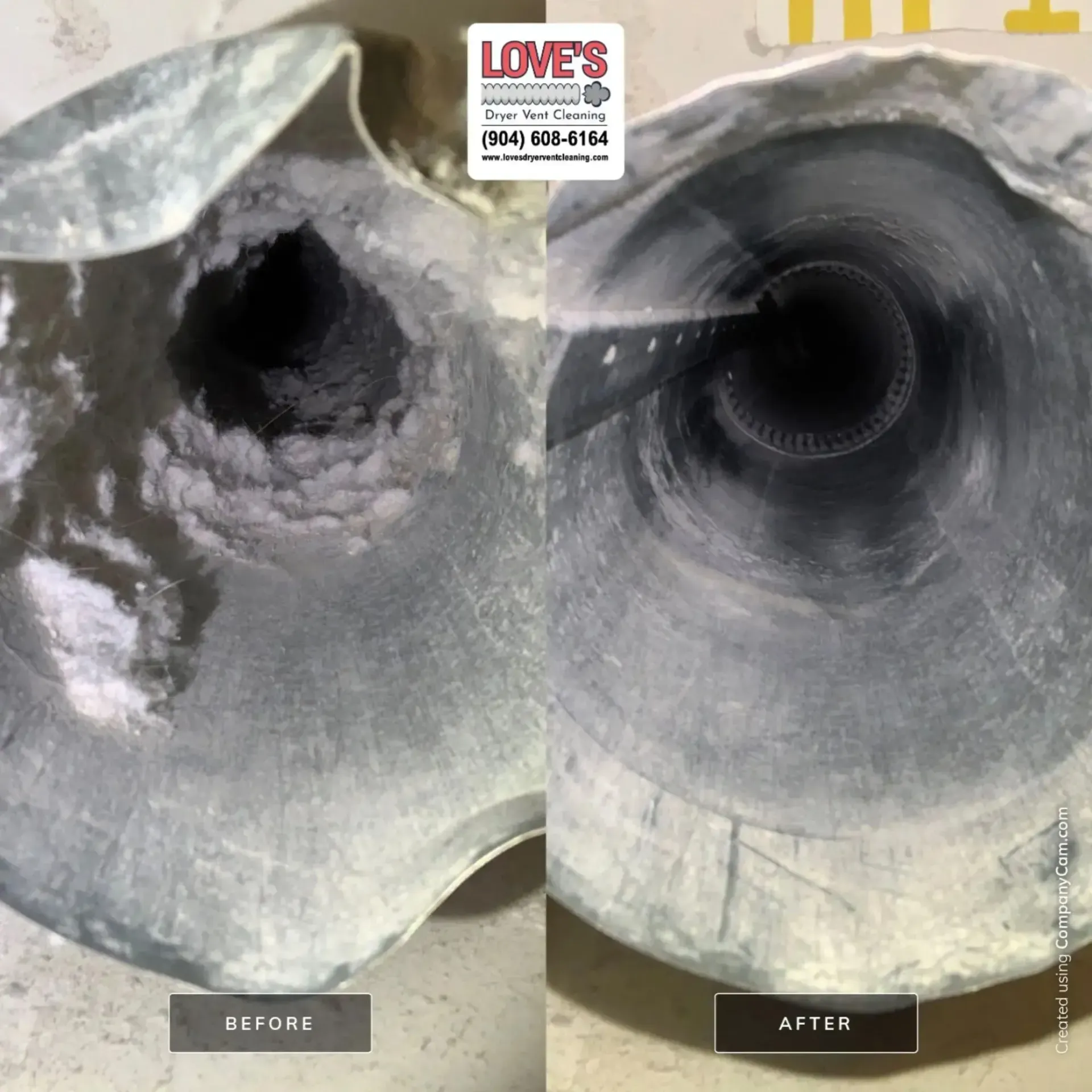 Love's Dryer Vent Cleaning - A before and after picture of a chimney being cleaned by love 's