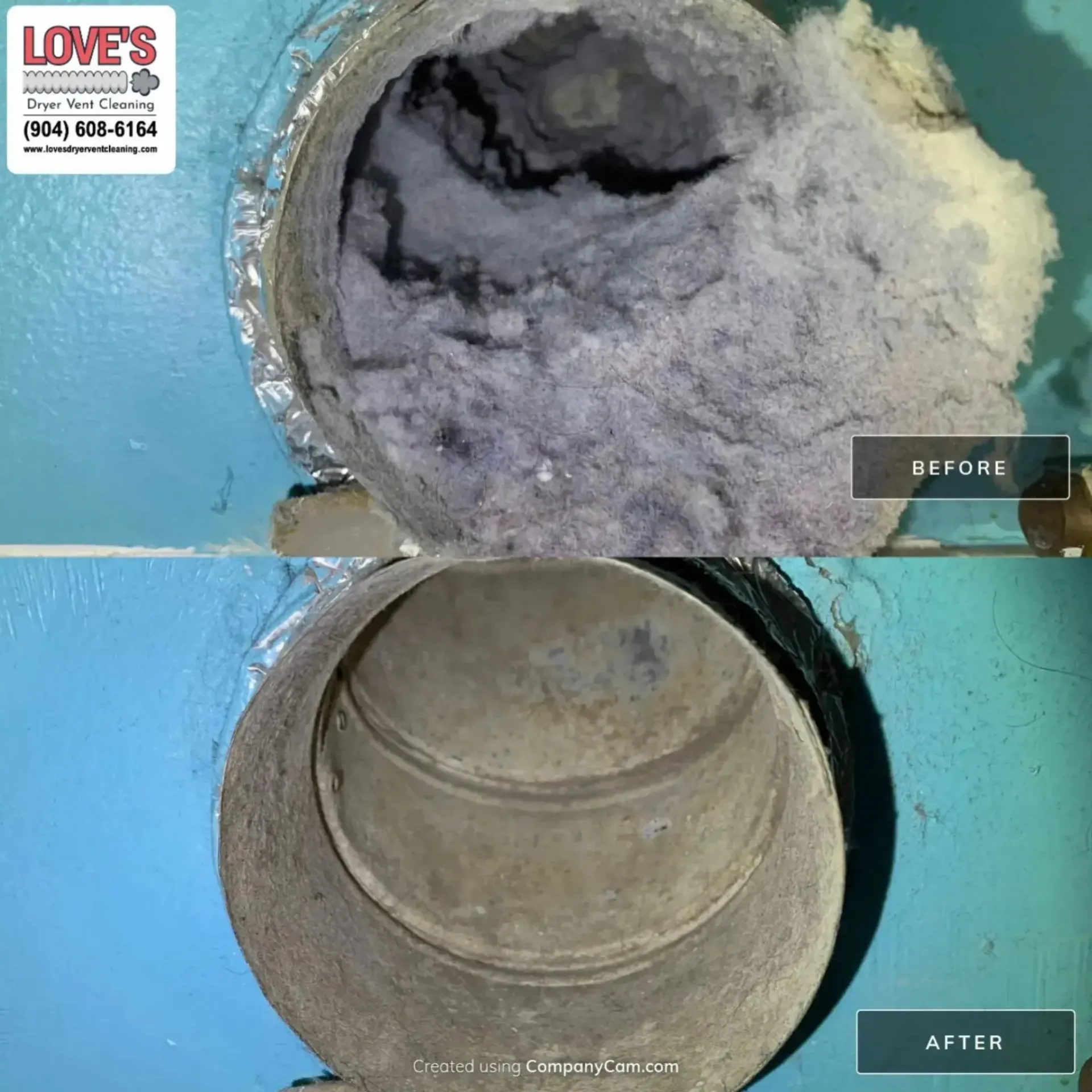 Love's Dryer Vent Cleaning - A picture of a duct before and after being cleaned.