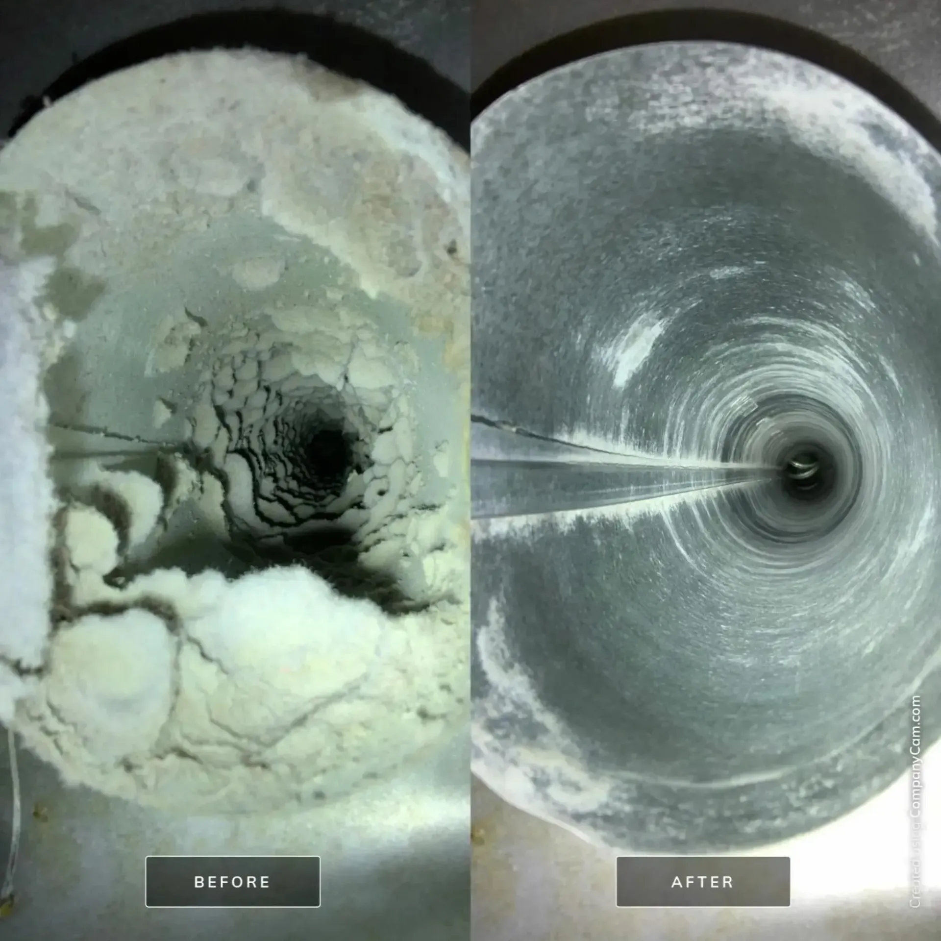Love's Dryer Vent Cleaning - A before and after picture of a drain pipe