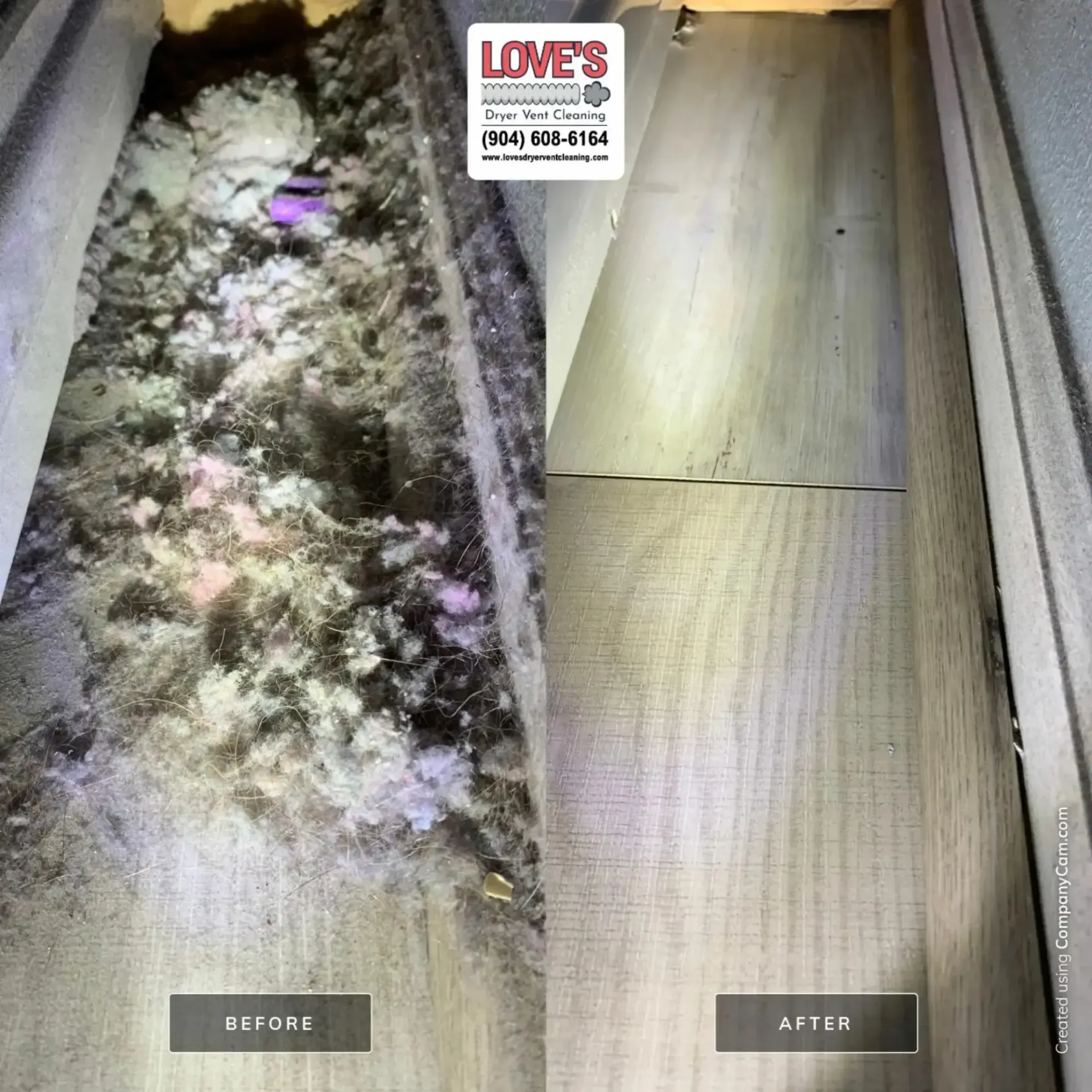 Love's Dryer Vent Cleaning - A before and after picture of a duct being cleaned by love 's