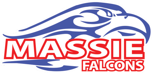 Massie Falcons logo with a blue falcon head and red outlined text