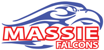 Massie Falcons logo with a blue falcon head and red outlined text